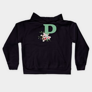 Letter P green with colorful flowers Kids Hoodie